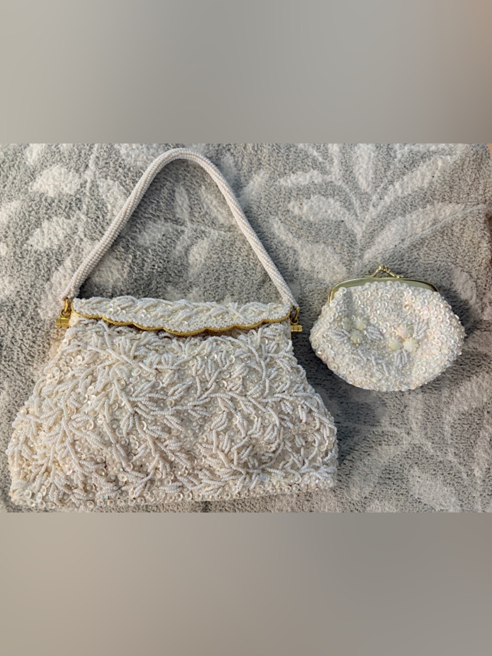 Vintage Elegant White Beaded Handbag Set - Bridal Evening Purse and Coin Pouch